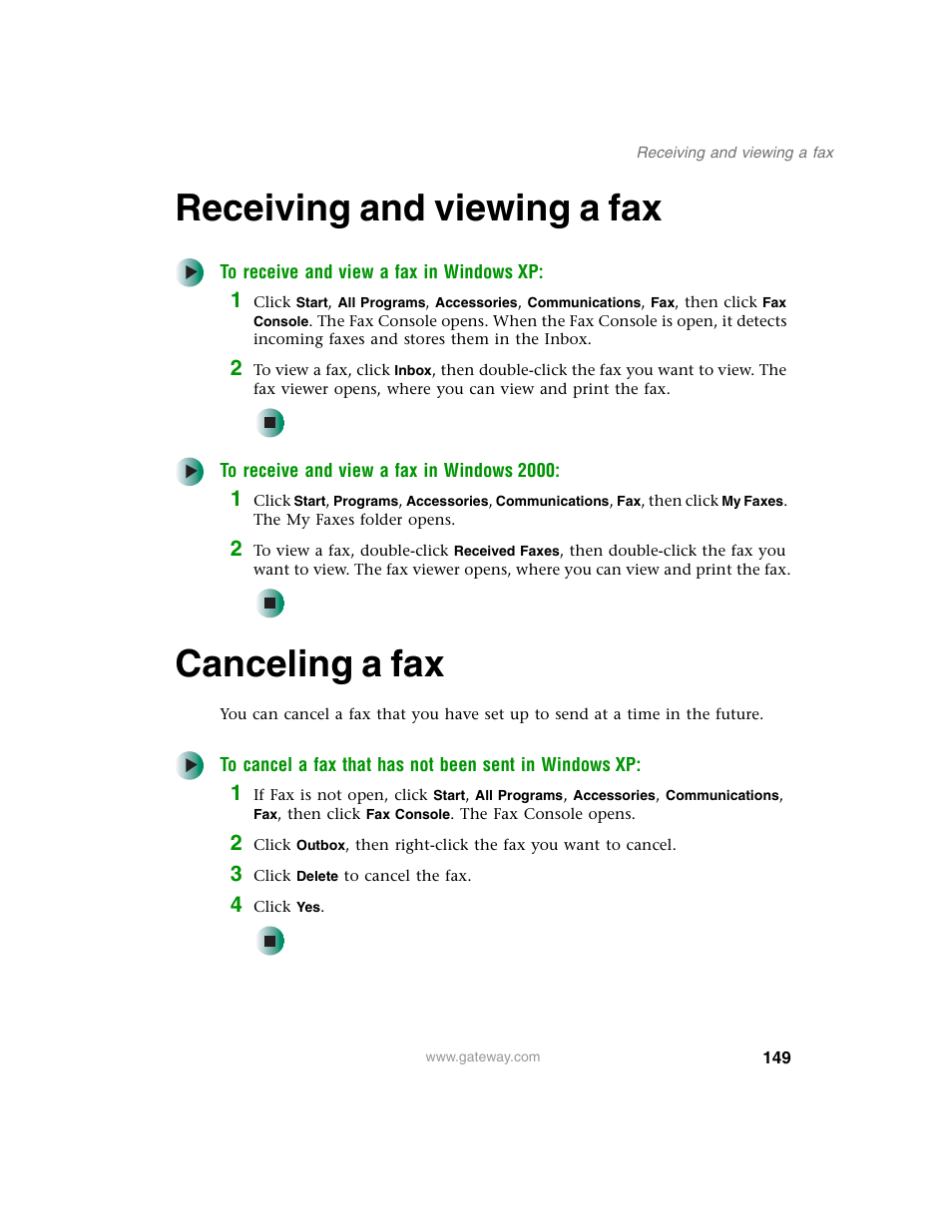 Receiving and viewing a fax, Canceling a fax, Receiving and viewing a fax canceling a fax | Gateway M350 User Manual | Page 159 / 334