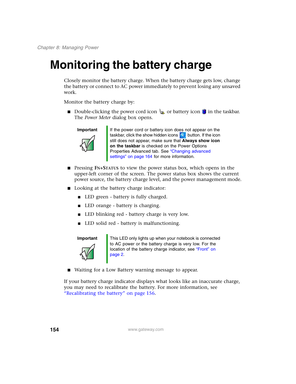 Monitoring the battery charge | Gateway M350 User Manual | Page 164 / 334