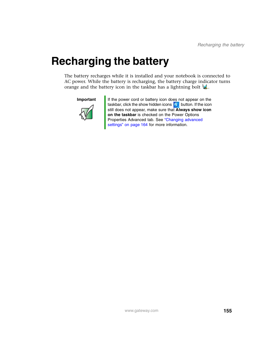 Recharging the battery | Gateway M350 User Manual | Page 165 / 334