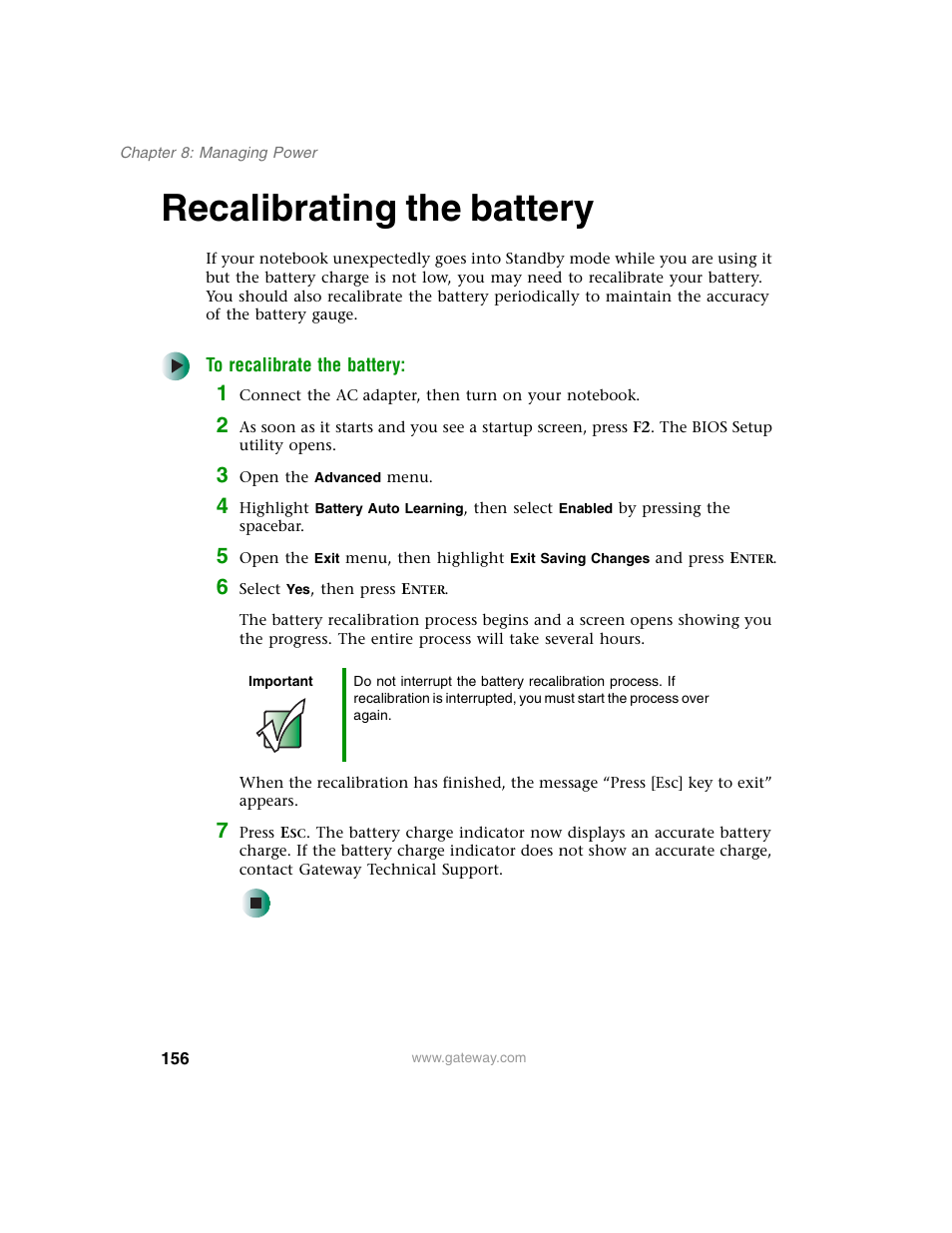 Recalibrating the battery | Gateway M350 User Manual | Page 166 / 334