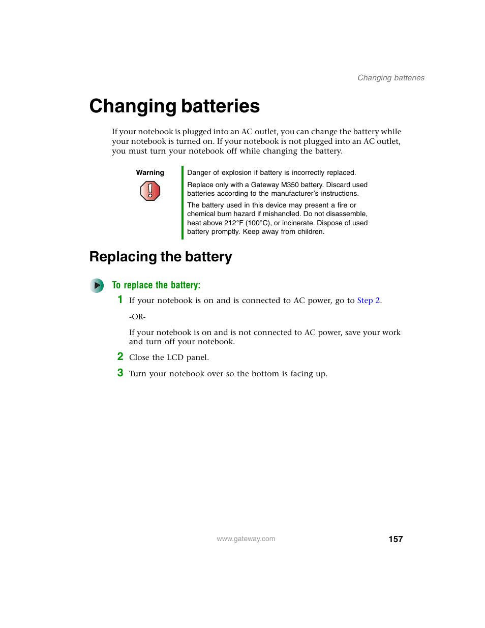 Changing batteries, Replacing the battery | Gateway M350 User Manual | Page 167 / 334