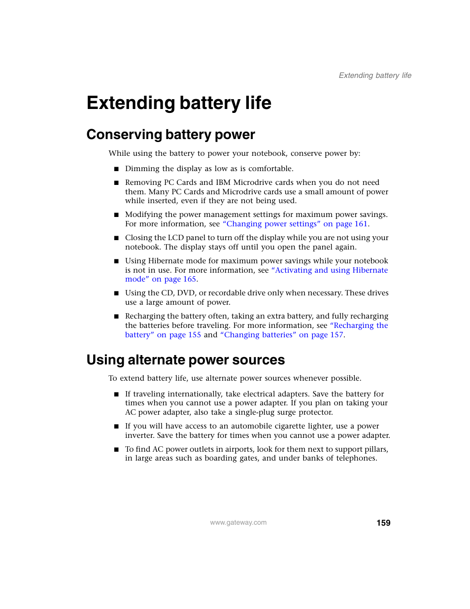 Extending battery life, Conserving battery power, Using alternate power sources | Gateway M350 User Manual | Page 169 / 334