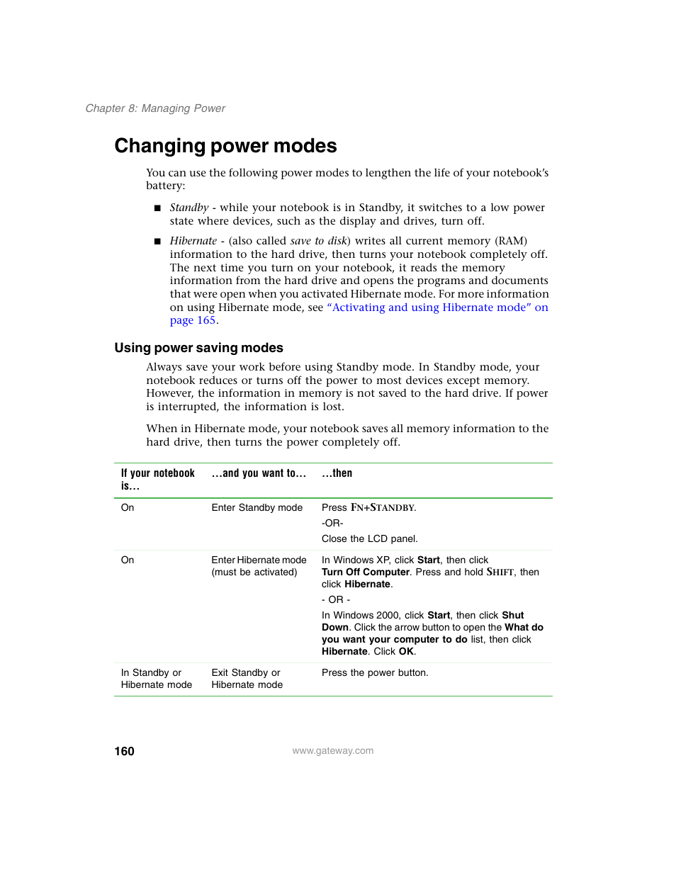Changing power modes, Using power saving modes | Gateway M350 User Manual | Page 170 / 334