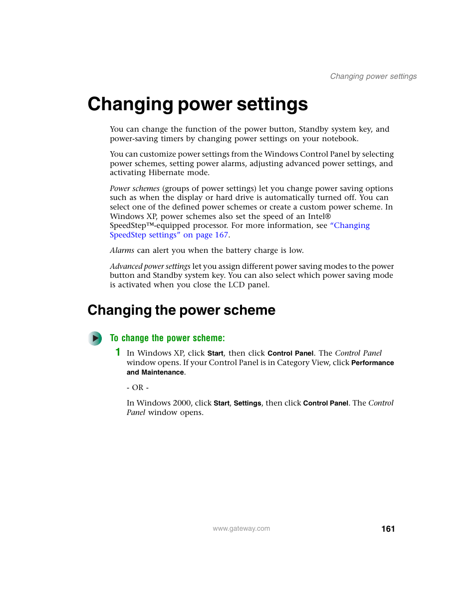 Changing power settings, Changing the power scheme | Gateway M350 User Manual | Page 171 / 334