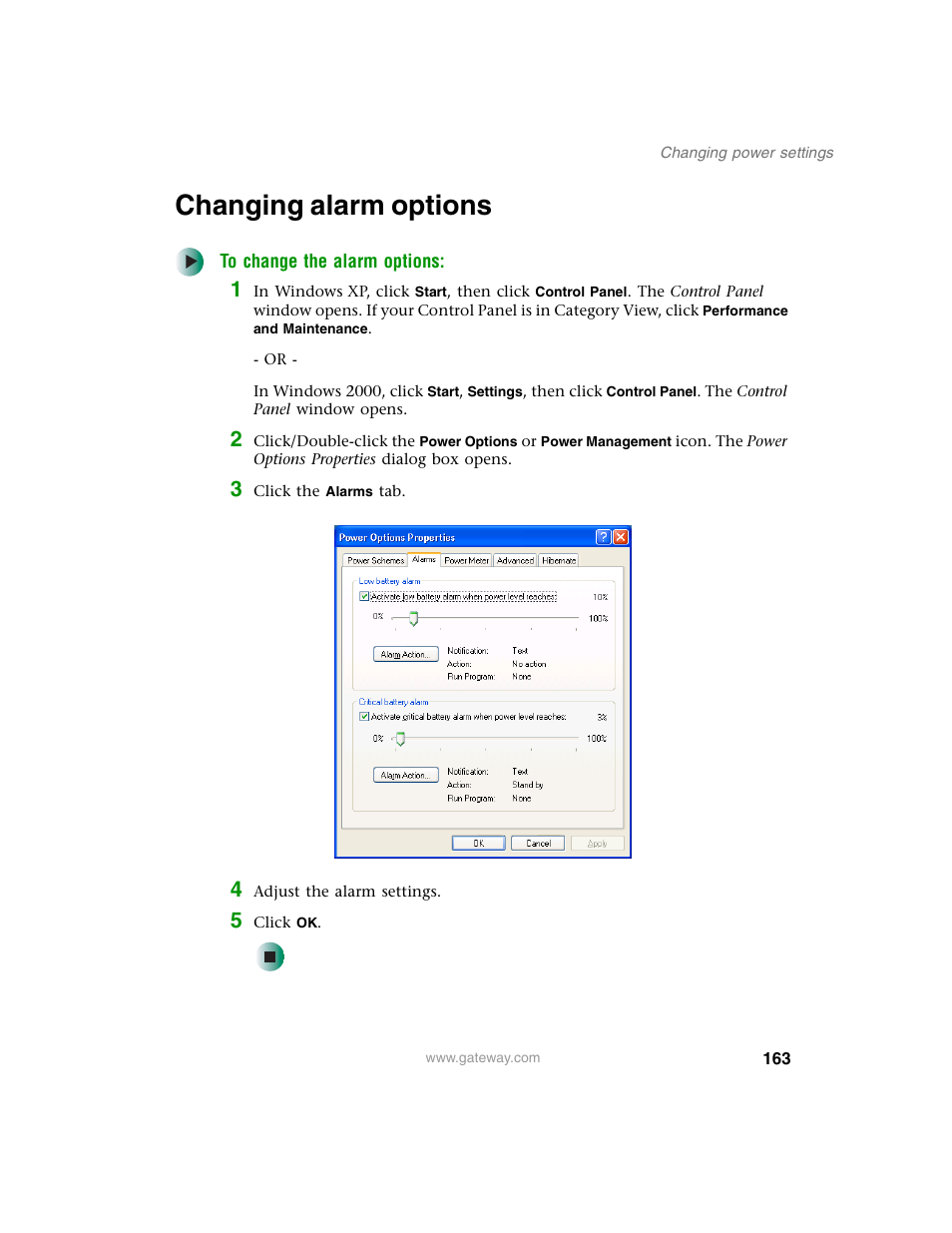 Changing alarm options | Gateway M350 User Manual | Page 173 / 334