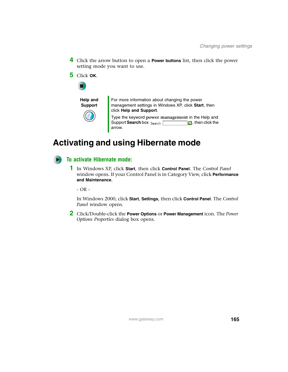 Activating and using hibernate mode, Activating and using hibernate, Activating and using hibernate mode” on | Gateway M350 User Manual | Page 175 / 334