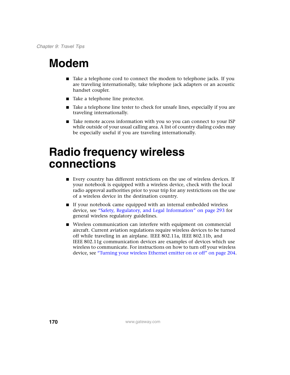 Modem, Radio frequency wireless connections, Modem radio frequency wireless connections | Gateway M350 User Manual | Page 180 / 334