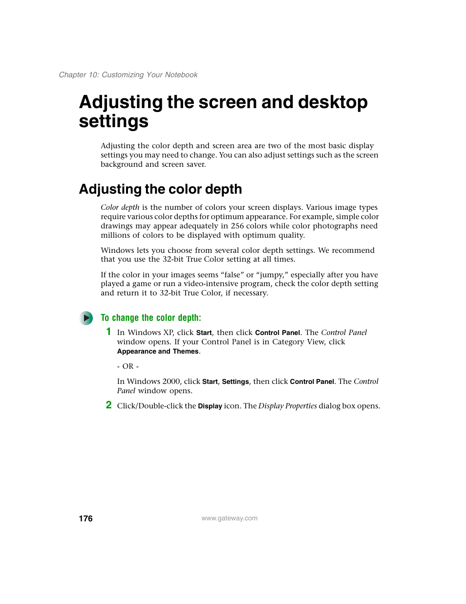 Adjusting the screen and desktop settings, Adjusting the color depth | Gateway M350 User Manual | Page 186 / 334