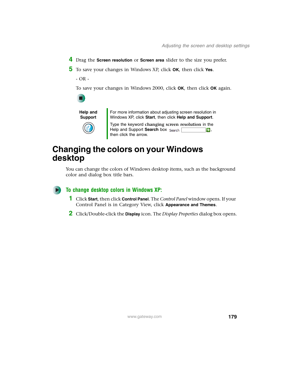 Changing the colors on your windows desktop | Gateway M350 User Manual | Page 189 / 334