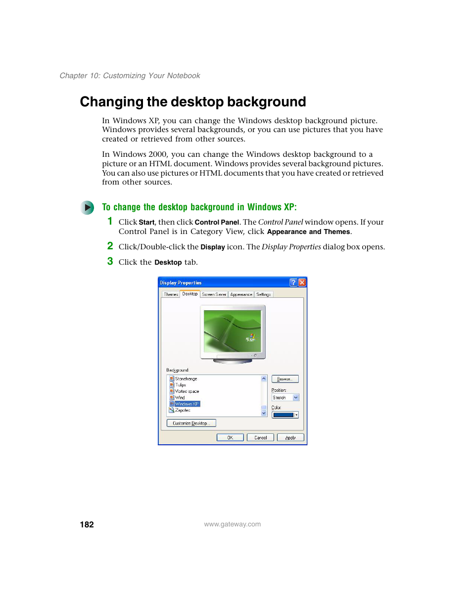 Changing the desktop background | Gateway M350 User Manual | Page 192 / 334