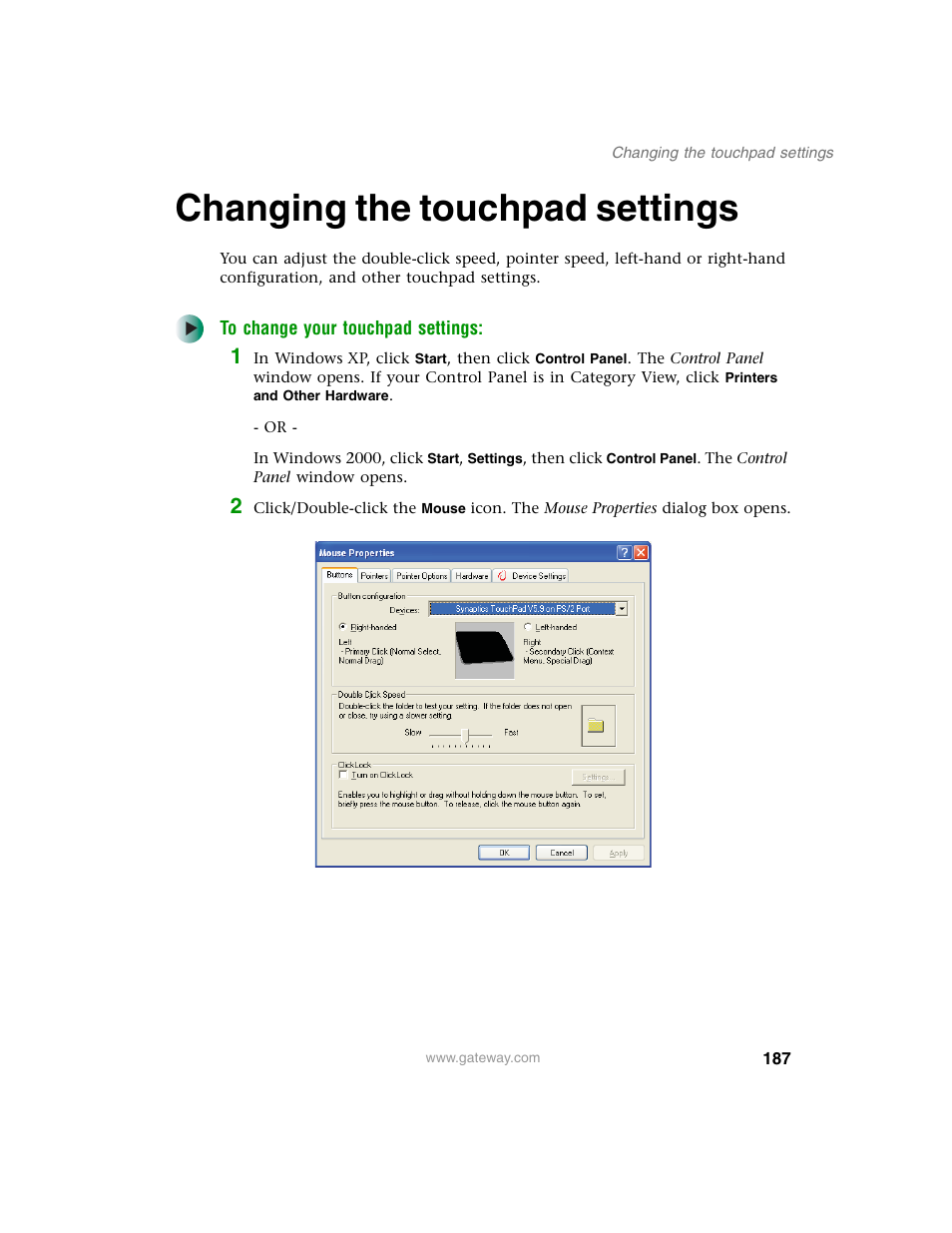 Changing the touchpad settings | Gateway M350 User Manual | Page 197 / 334