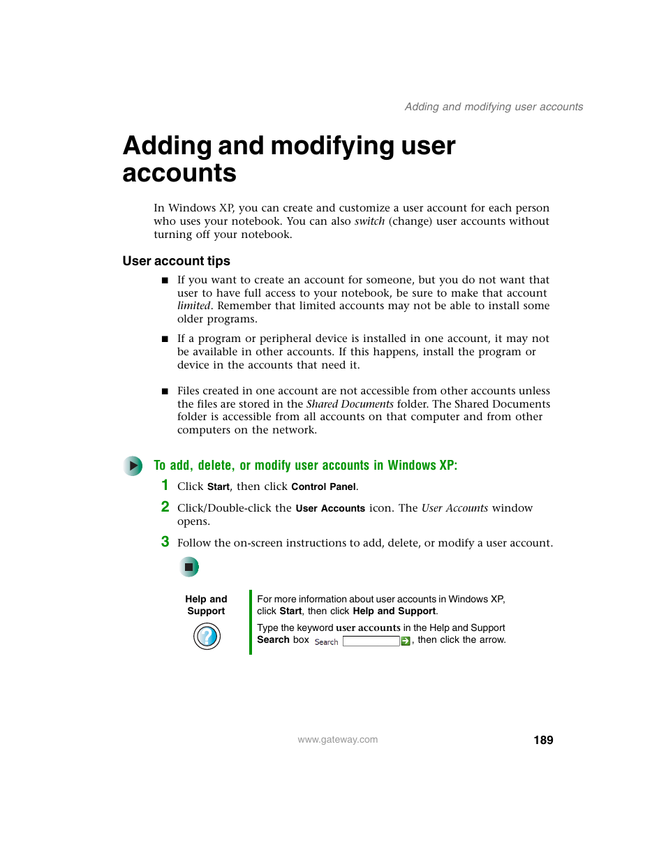 Adding and modifying user accounts, User account tips | Gateway M350 User Manual | Page 199 / 334
