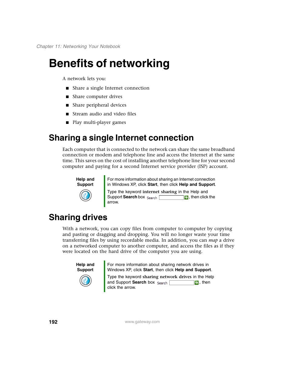 Benefits of networking, Sharing a single internet connection, Sharing drives | Gateway M350 User Manual | Page 202 / 334