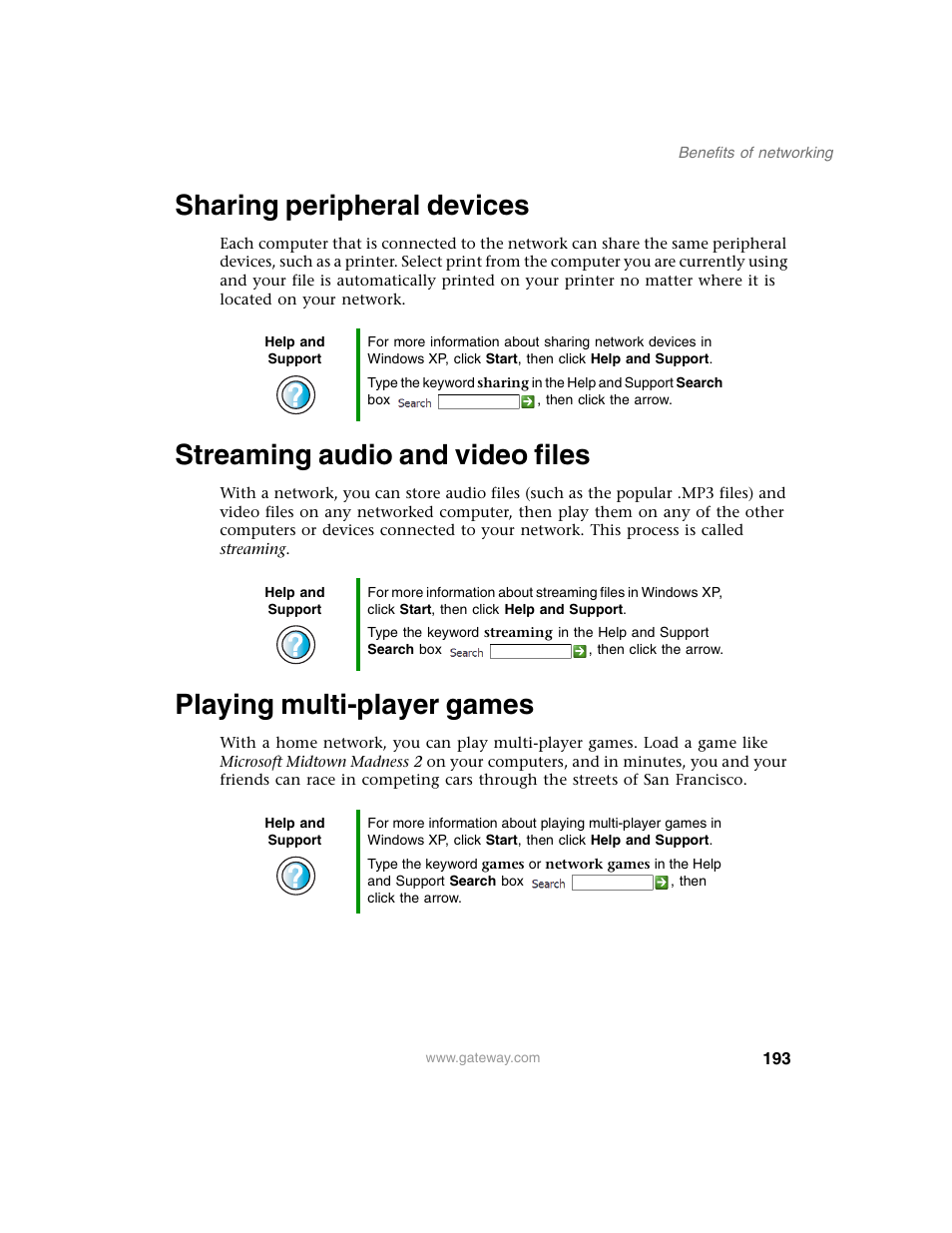 Sharing peripheral devices, Streaming audio and video files, Playing multi-player games | Gateway M350 User Manual | Page 203 / 334