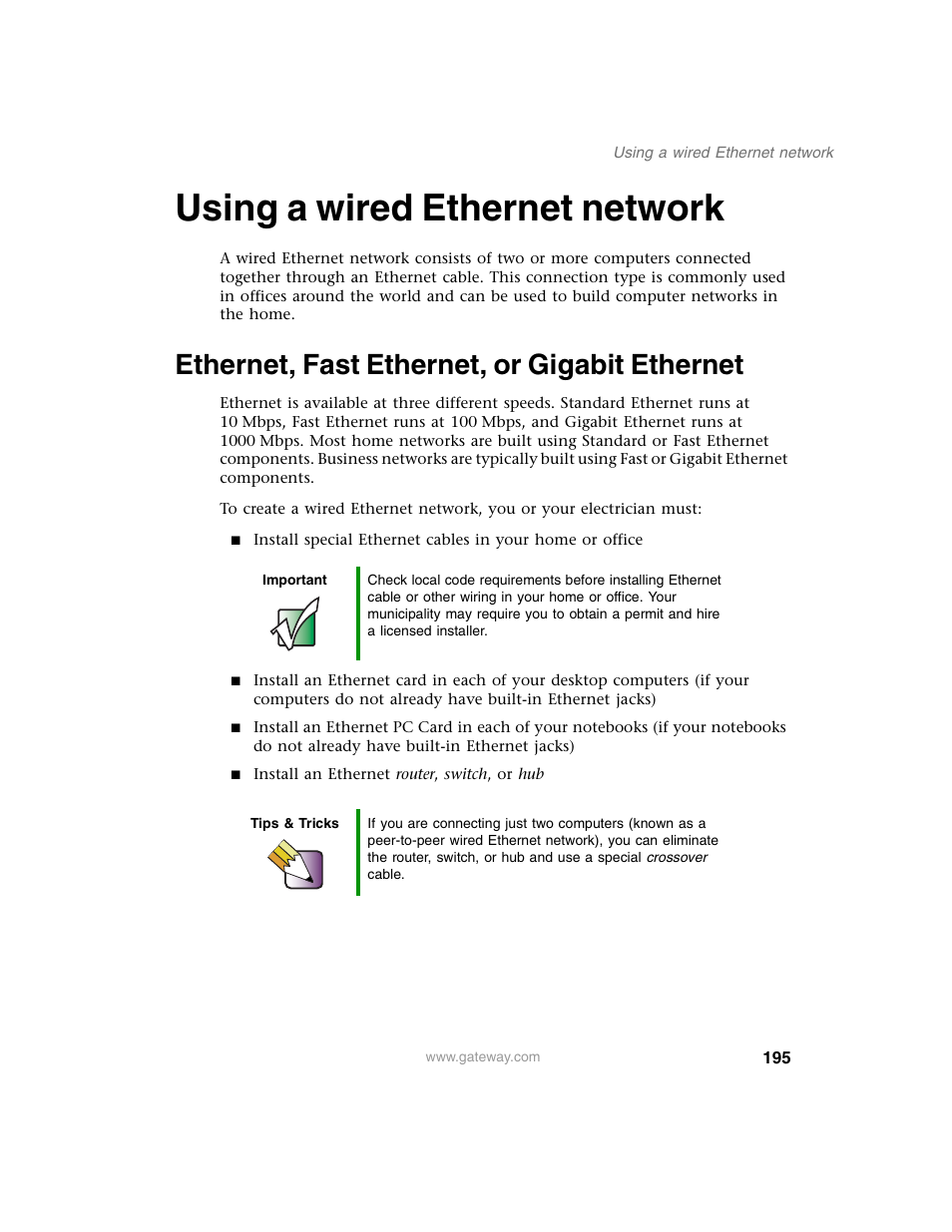 Using a wired ethernet network, Ethernet, fast ethernet, or gigabit ethernet | Gateway M350 User Manual | Page 205 / 334