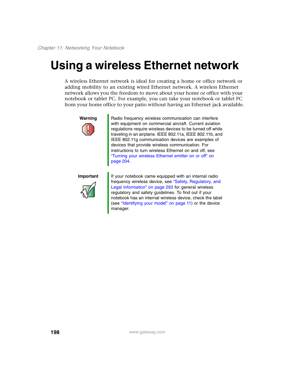 Using a wireless ethernet network | Gateway M350 User Manual | Page 208 / 334