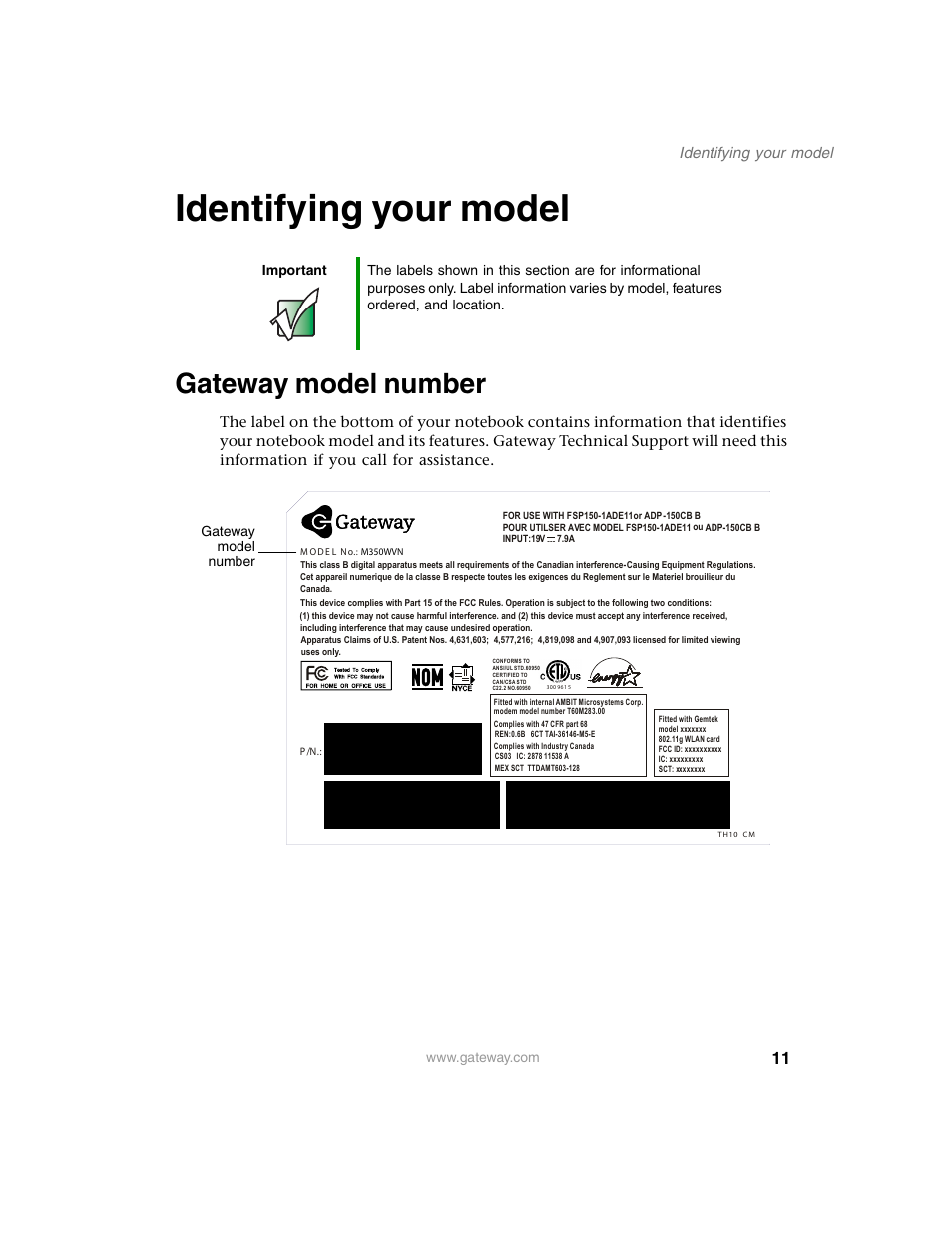 Gateway model number, Identifying your model | Gateway M350 User Manual | Page 21 / 334