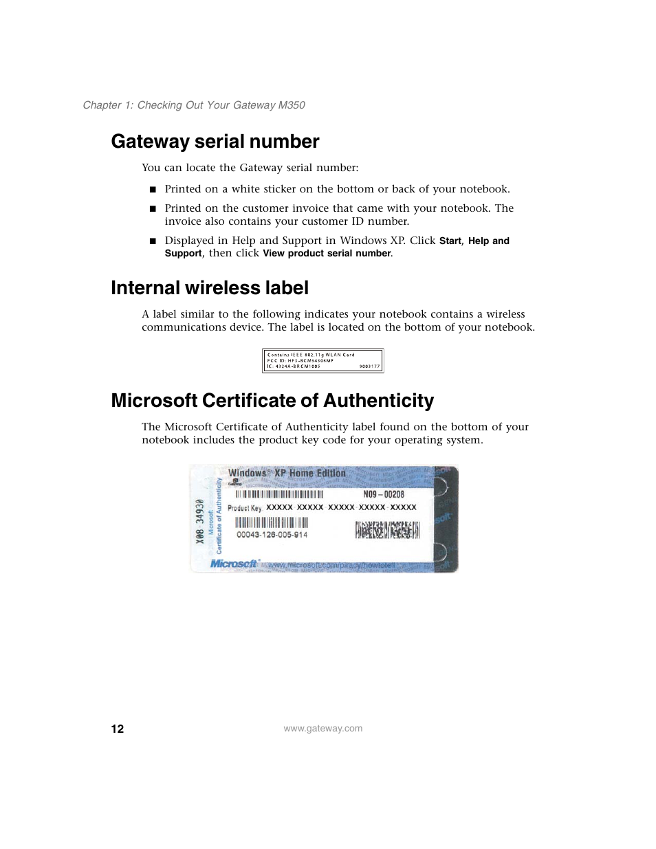 Gateway serial number, Internal wireless label, Microsoft certificate of authenticity | Gateway M350 User Manual | Page 22 / 334