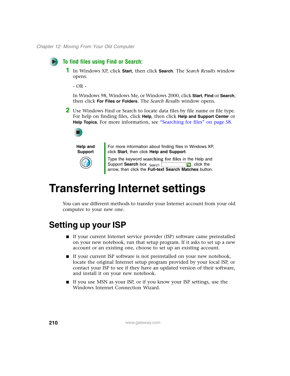 Transferring internet settings, Setting up your isp | Gateway M350 User Manual | Page 220 / 334