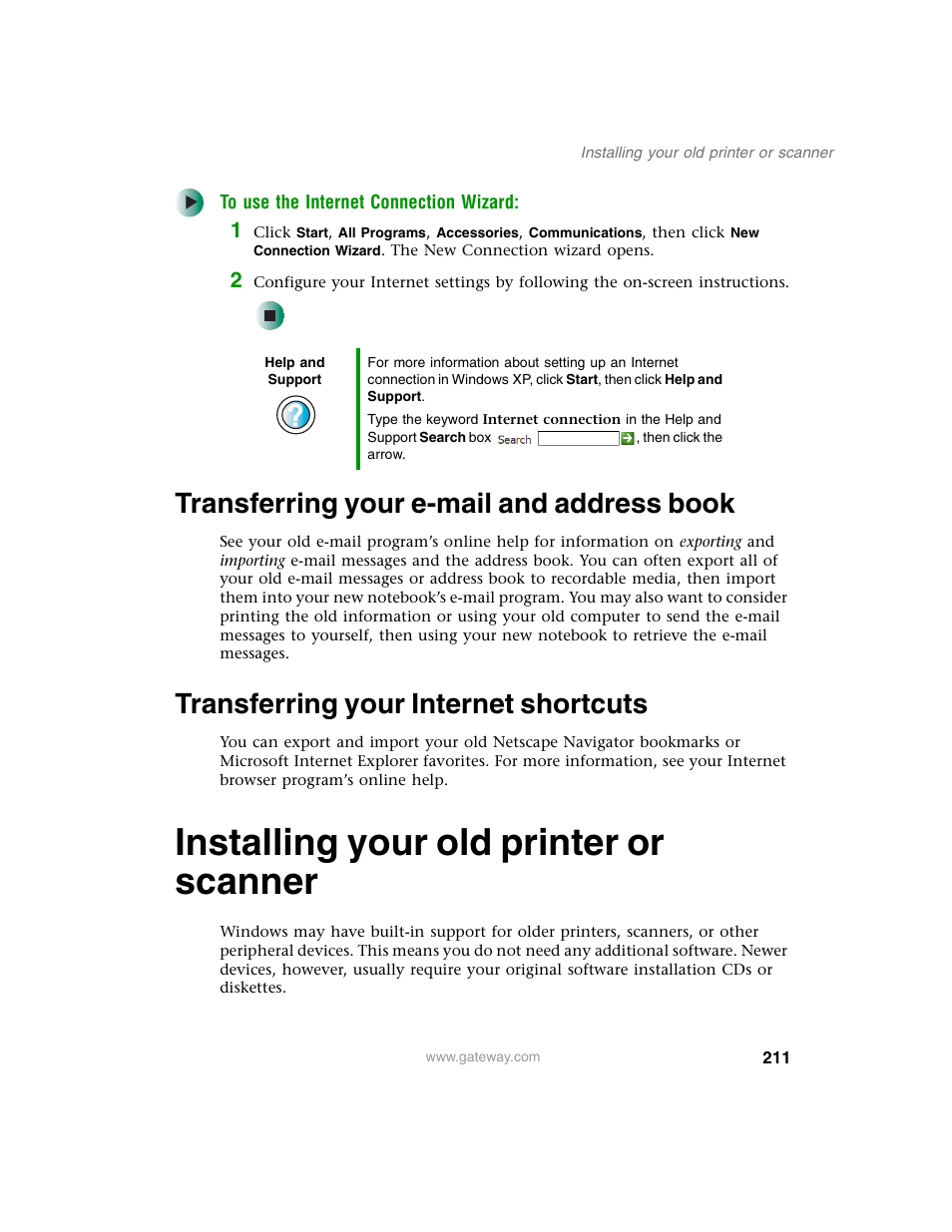 Transferring your e-mail and address book, Transferring your internet shortcuts, Installing your old printer or scanner | Gateway M350 User Manual | Page 221 / 334