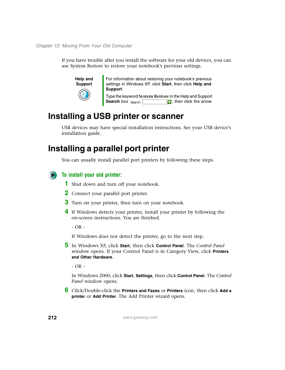Installing a usb printer or scanner, Installing a parallel port printer | Gateway M350 User Manual | Page 222 / 334