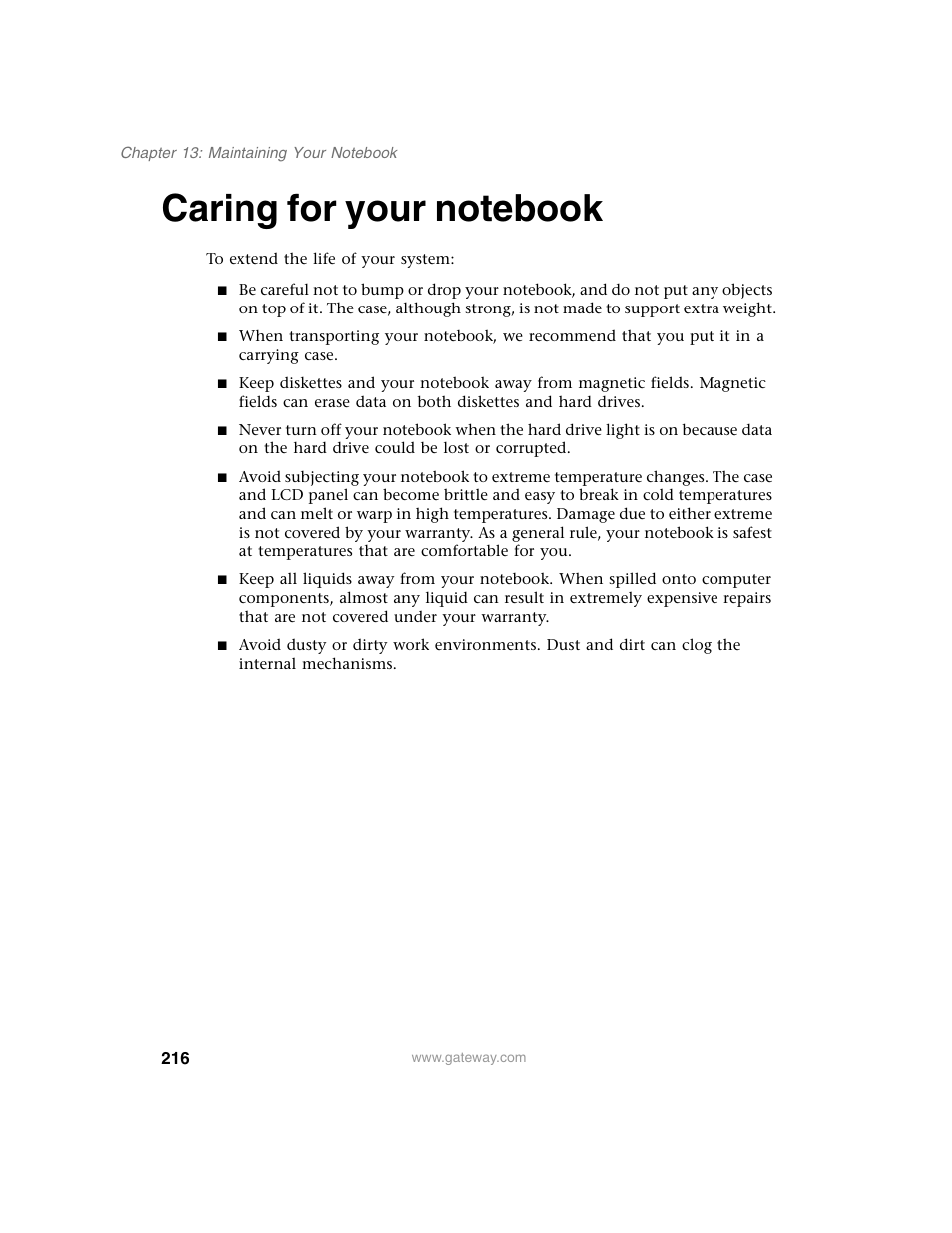 Caring for your notebook | Gateway M350 User Manual | Page 226 / 334