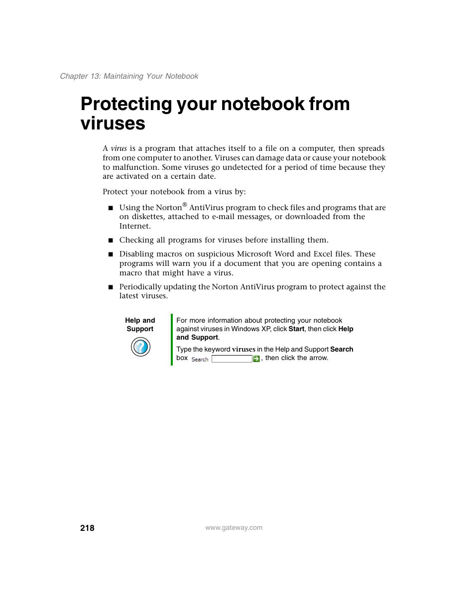 Protecting your notebook from viruses | Gateway M350 User Manual | Page 228 / 334