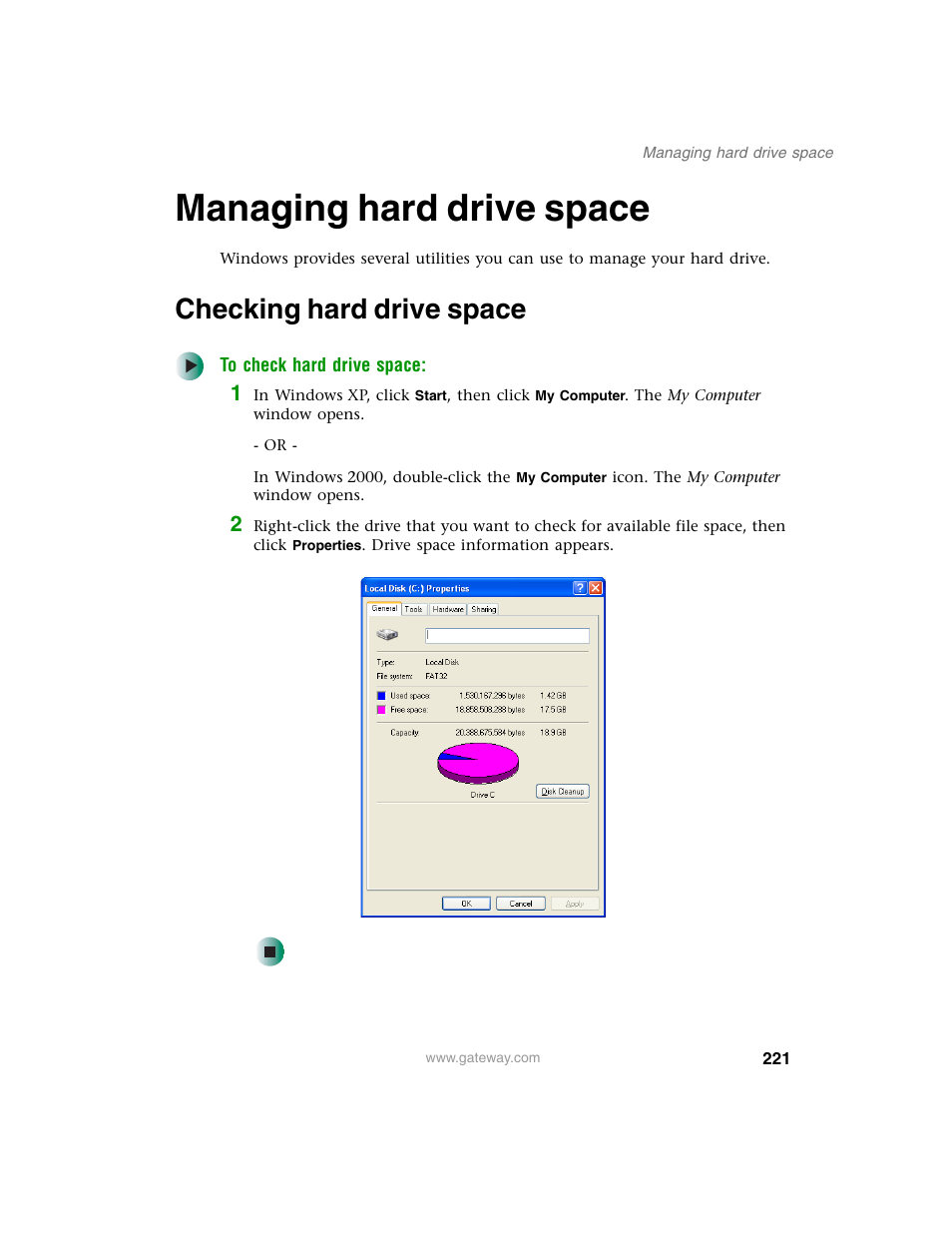 Managing hard drive space, Checking hard drive space | Gateway M350 User Manual | Page 231 / 334