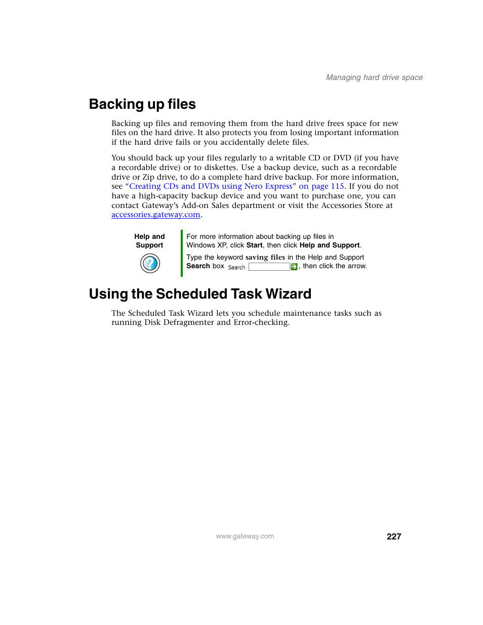 Backing up files, Using the scheduled task wizard, Backing up files using the scheduled task wizard | Gateway M350 User Manual | Page 237 / 334