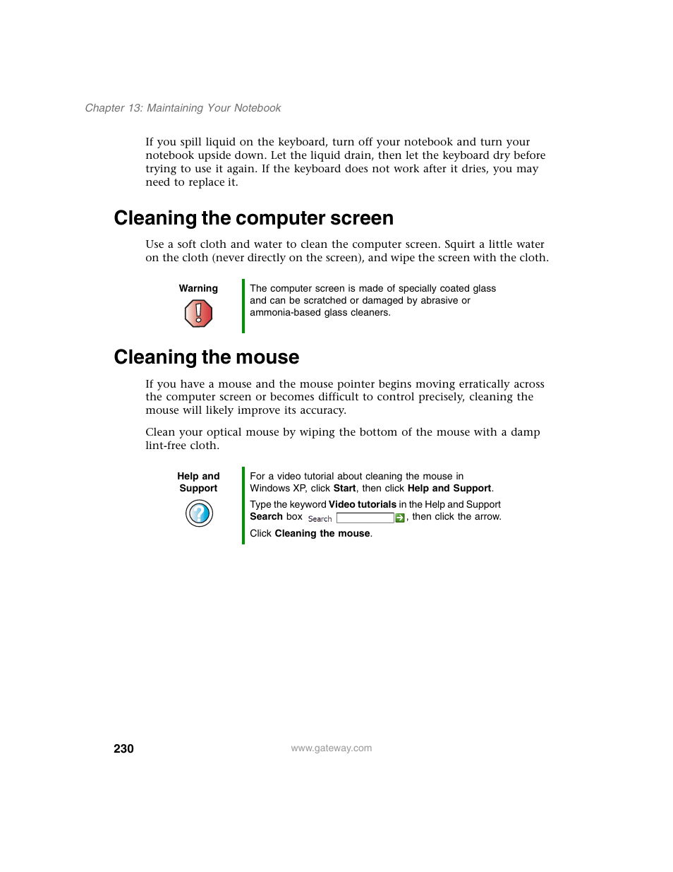Cleaning the computer screen, Cleaning the mouse, Cleaning the computer screen cleaning the mouse | Gateway M350 User Manual | Page 240 / 334