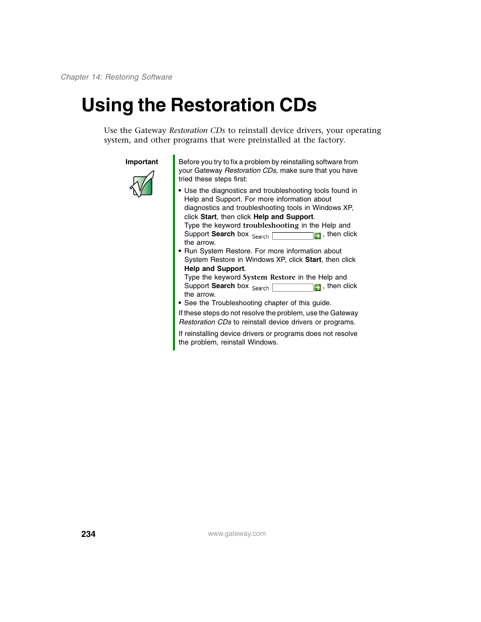 Using the restoration cds | Gateway M350 User Manual | Page 244 / 334