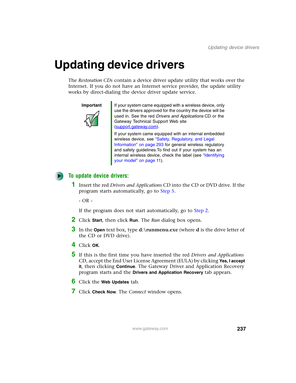 Updating device drivers | Gateway M350 User Manual | Page 247 / 334