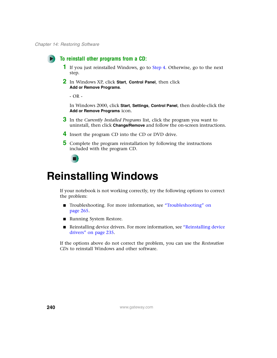 Reinstalling windows | Gateway M350 User Manual | Page 250 / 334