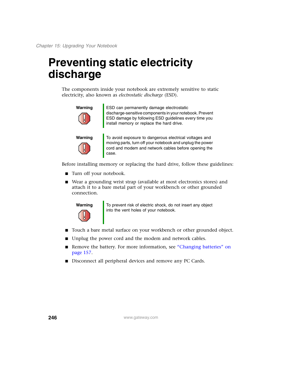 Preventing static electricity discharge | Gateway M350 User Manual | Page 256 / 334