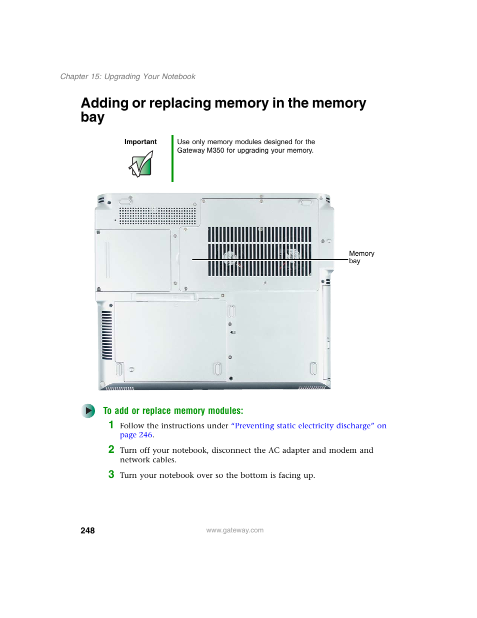 Adding or replacing memory in the memory bay, Adding or replacing memory in the memory | Gateway M350 User Manual | Page 258 / 334