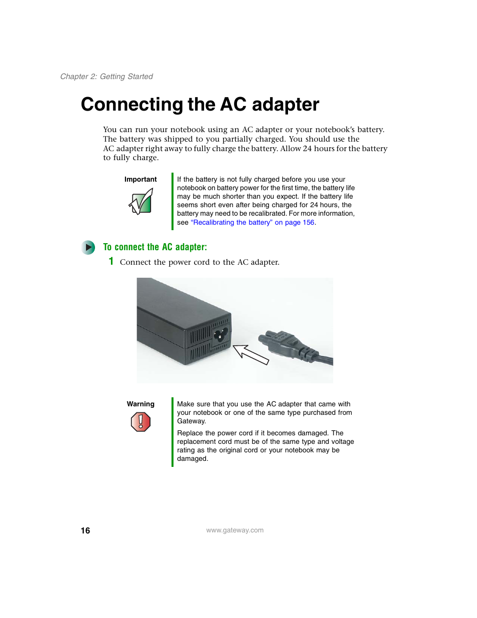 Connecting the acadapter, Connecting the ac adapter | Gateway M350 User Manual | Page 26 / 334