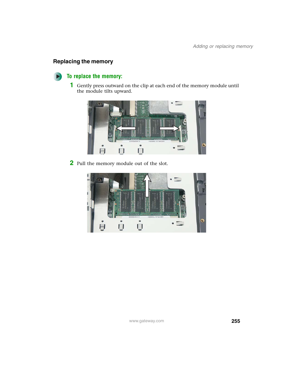 Replacing the memory | Gateway M350 User Manual | Page 265 / 334