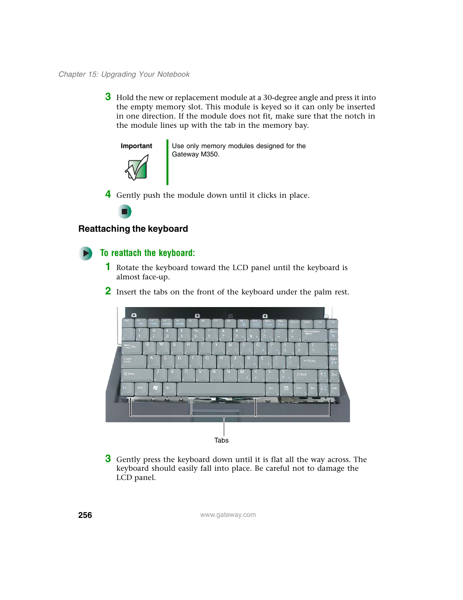 Reattaching the keyboard | Gateway M350 User Manual | Page 266 / 334