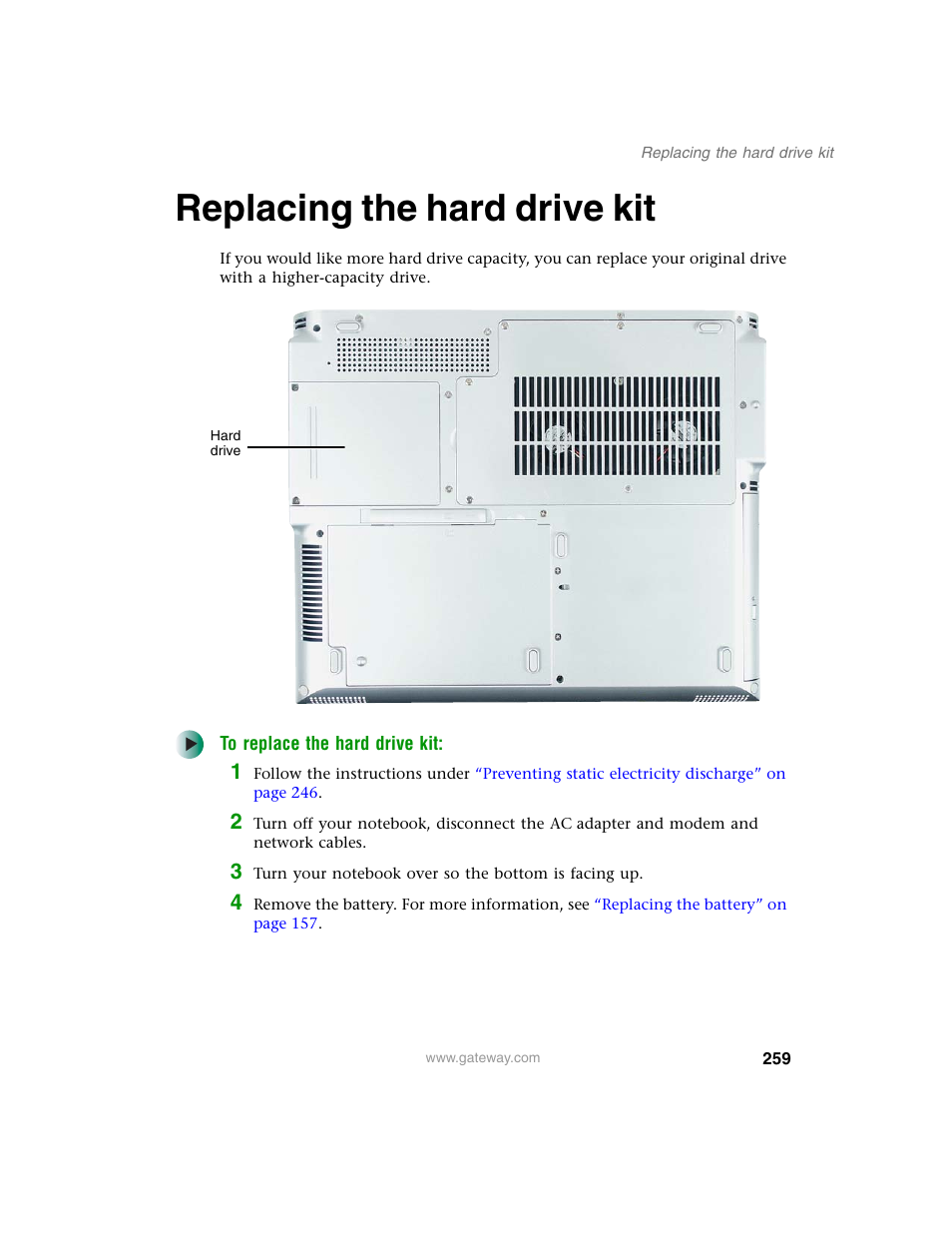 Replacing the hard drive kit, Replacing the hard drive kit” on | Gateway M350 User Manual | Page 269 / 334