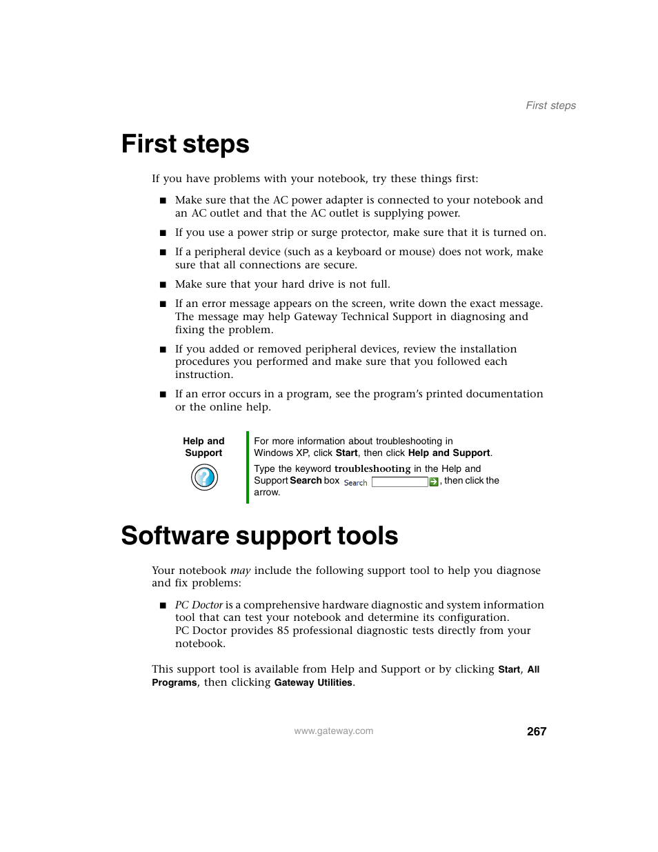 First steps, Software support tools, First steps software support tools | Gateway M350 User Manual | Page 277 / 334