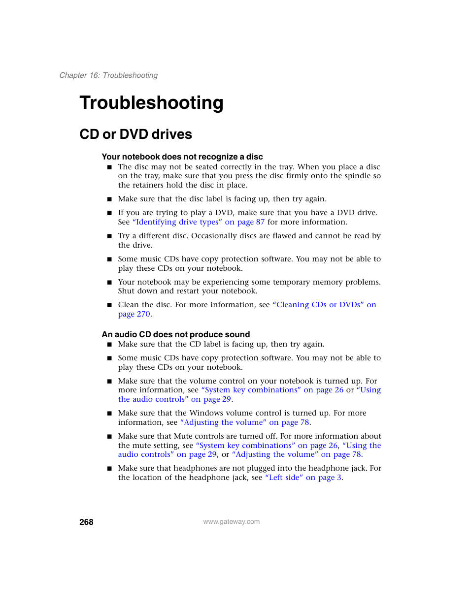 Troubleshooting, Cd or dvd drives | Gateway M350 User Manual | Page 278 / 334