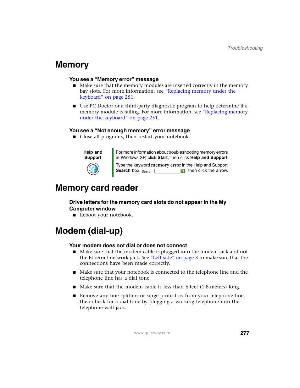 Memory, Memory card reader, Modem (dial-up) | Memory memory card reader modem (dial-up) | Gateway M350 User Manual | Page 287 / 334