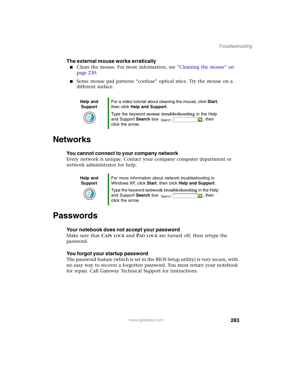 Networks, Passwords, Networks passwords | Gateway M350 User Manual | Page 293 / 334