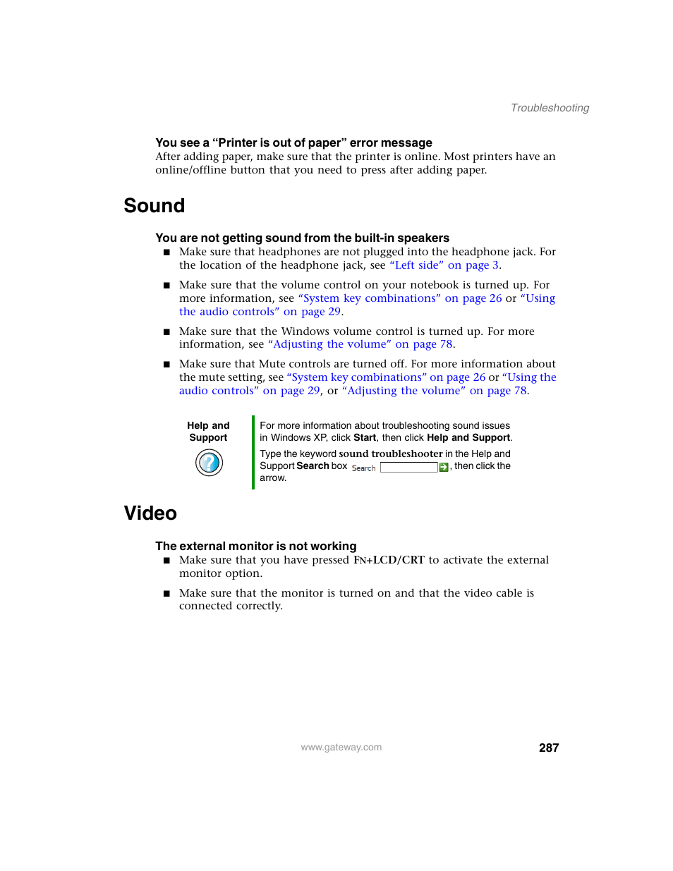 Sound, Video, Sound video | Gateway M350 User Manual | Page 297 / 334