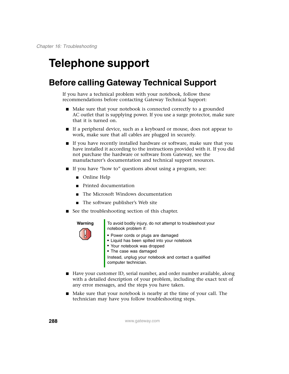 Telephone support, Before calling gateway technical support | Gateway M350 User Manual | Page 298 / 334