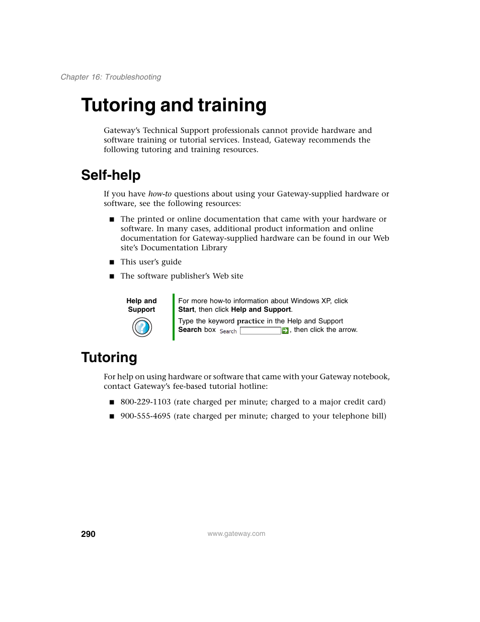 Tutoring and training, Self-help, Tutoring | Self-help tutoring | Gateway M350 User Manual | Page 300 / 334