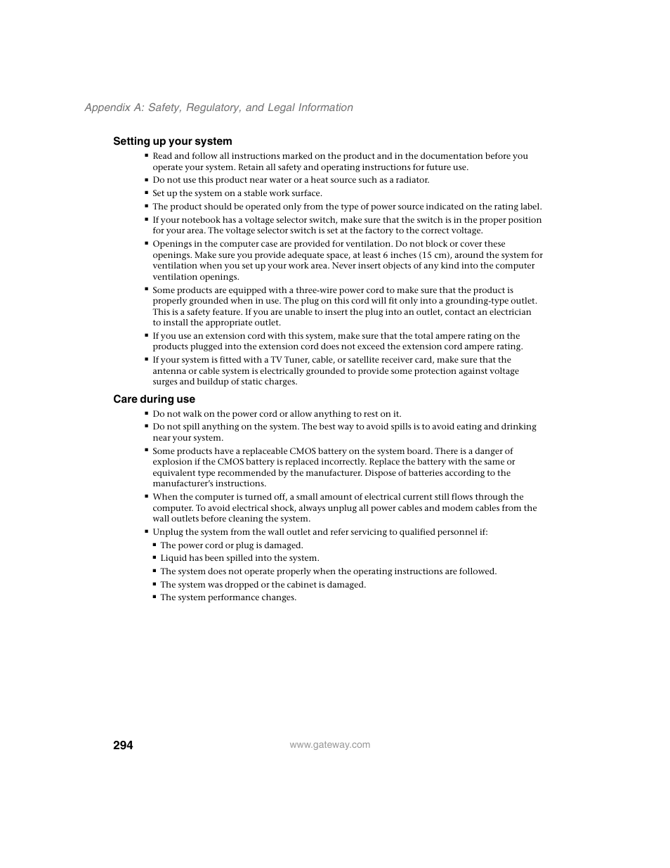 Setting up your system, Care during use | Gateway M350 User Manual | Page 304 / 334