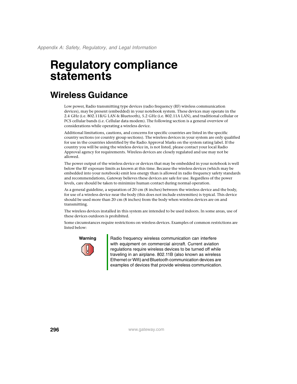 Regulatory compliance statements, Wireless guidance | Gateway M350 User Manual | Page 306 / 334