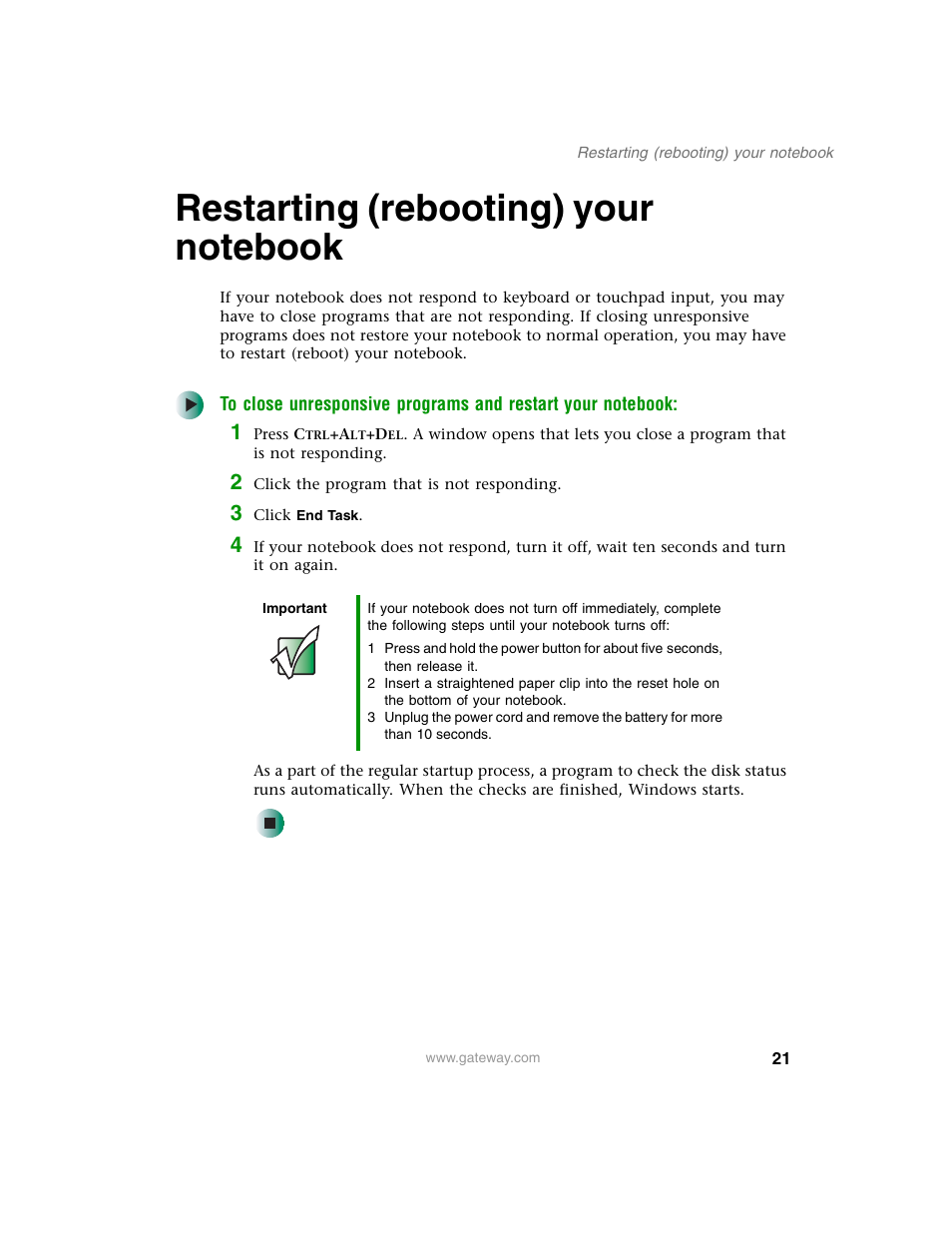 Restarting (rebooting) your notebook | Gateway M350 User Manual | Page 31 / 334