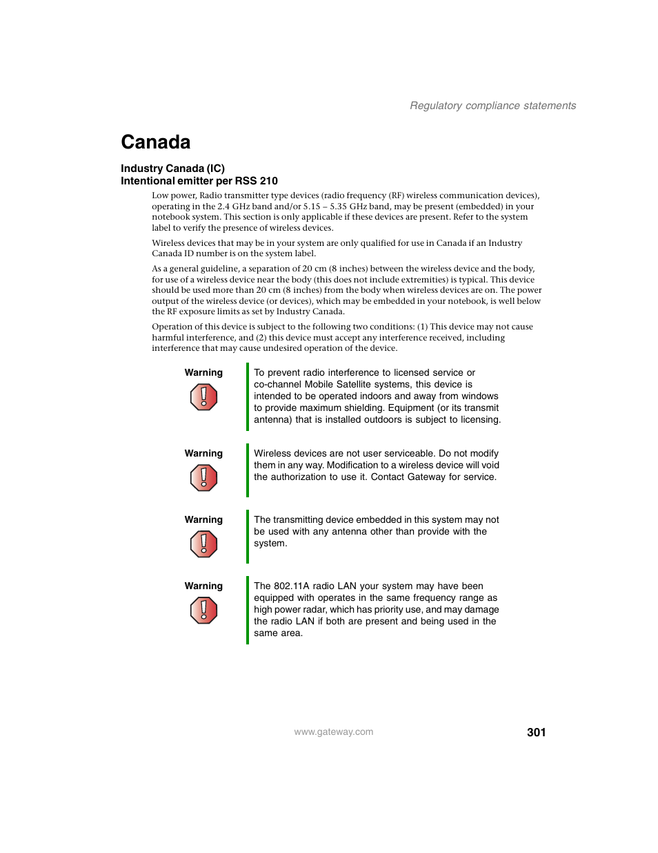 Canada | Gateway M350 User Manual | Page 311 / 334
